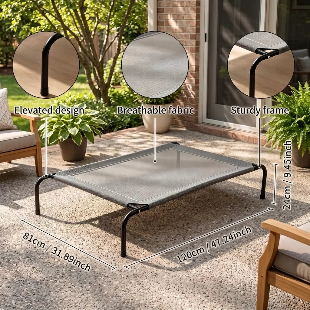 Petitrinu Classic Elevated Dog Bed with Metal Frame - Breathable Textilene Mesh Fabric for Cooling and Joint Relief, Available in Two Sizes for Medium to Large Dogs