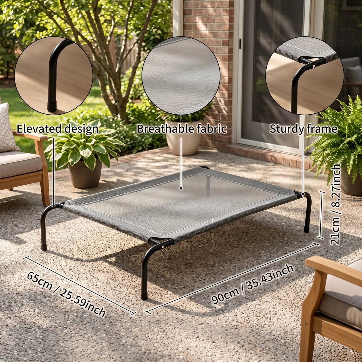 Petitrinu Classic Elevated Dog Bed with Metal Frame - Breathable Textilene Mesh Fabric for Cooling and Joint Relief, Available in Two Sizes for Medium to Large Dogs