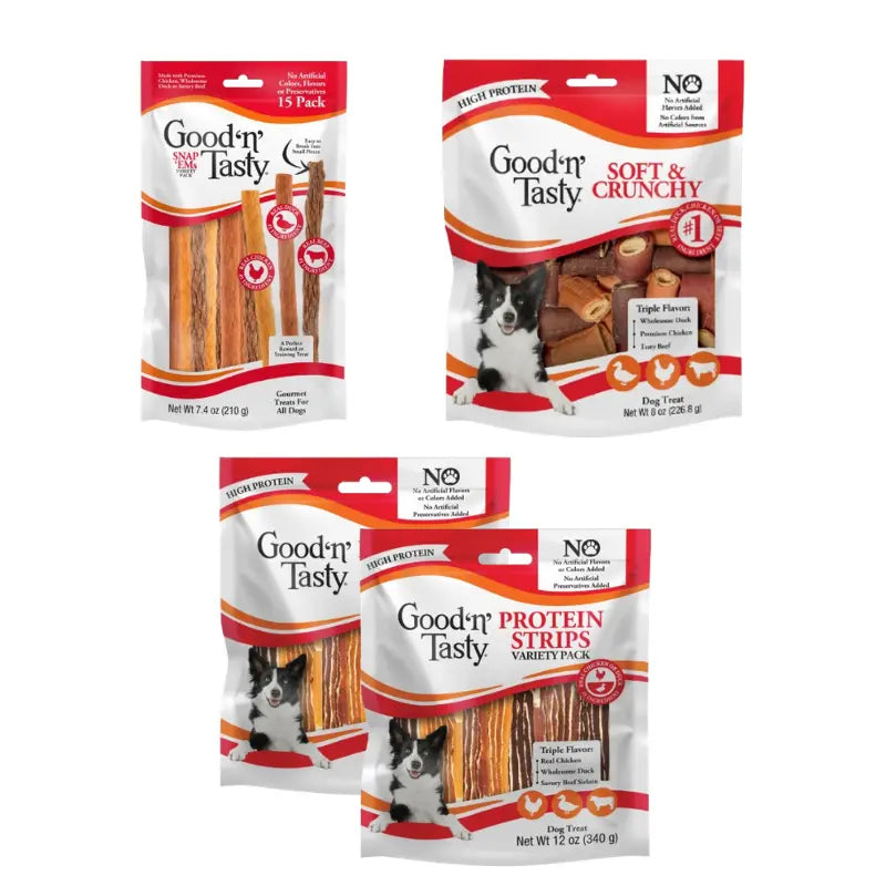 Good 'N' Tasty Protein Dog Treat Variety Pack - 4-Bag Bundle Featuring Protein Strips, Soft Treats, and Crunchy Snap 'Ems