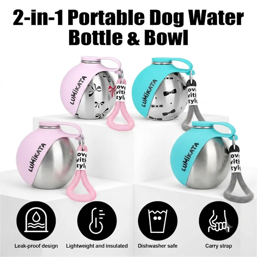 Lumikata 2-in-1 Portable Dog Water Bottle with 10oz Stainless Steel and Silicone Foldable Bowl - Leak-Proof Design for Small Dog Walking and Pet Feeding Supplies