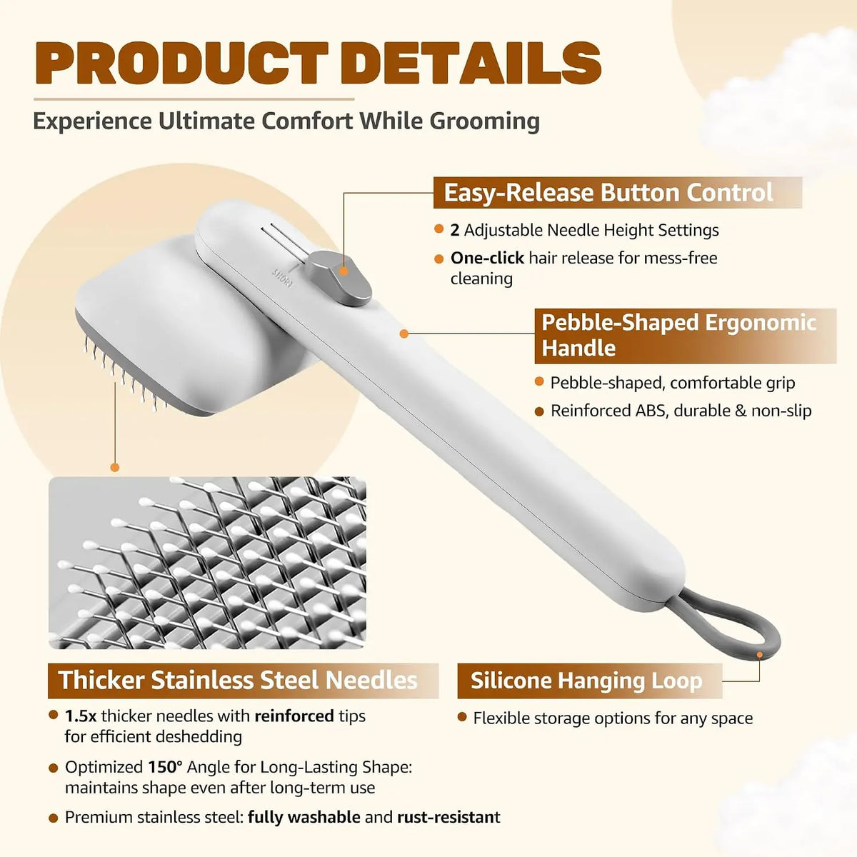 Self-Cleaning Deshedding Slicker Comb for Dogs and Cats - One-Click Release Brush for Effective Shed Control and Effortless Cleaning