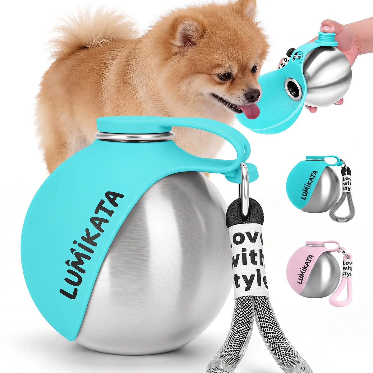 Lumikata 2-in-1 Portable Dog Water Bottle with 10oz Stainless Steel and Silicone Foldable Bowl - Leak-Proof Design for Small Dog Walking and Pet Feeding Supplies