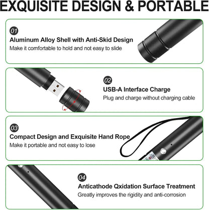 Rechargeable Green Laser Pointer and Line Light Flashlight for Presentations and Outdoor Activities - Ideal for TV/LED/LCD Screens, Astronomy, Construction, and Pet Engagement