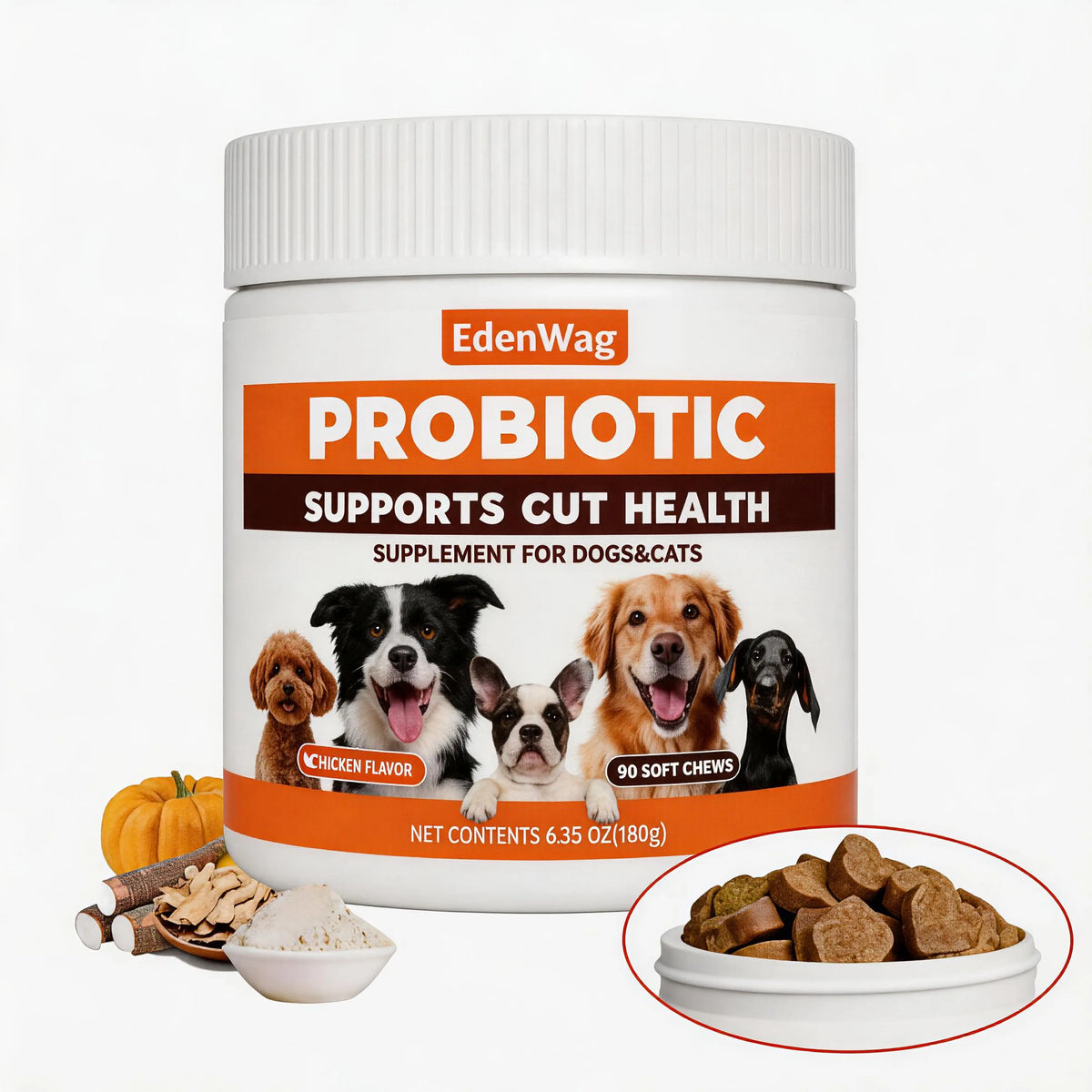 Canine Probiotic Chewables - Nutritional Supplement with Multivitamins and Fructooligosaccharide, Chicken Flavor, 6.35 Oz (180G), 90 Soft Chews for Intestinal Flora Balance and Daily Wellness for All Ages, Sohochic