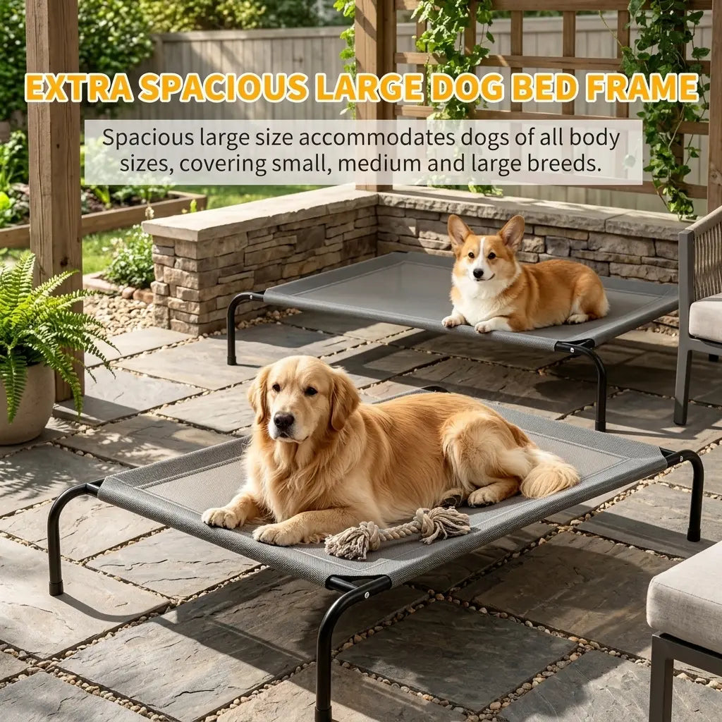 Petitrinu Classic Elevated Dog Bed with Metal Frame - Breathable Textilene Mesh Fabric for Cooling and Joint Relief, Available in Two Sizes for Medium to Large Dogs