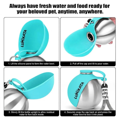 Lumikata 2-in-1 Portable Dog Water Bottle with 10oz Stainless Steel and Silicone Foldable Bowl - Leak-Proof Design for Small Dog Walking and Pet Feeding Supplies